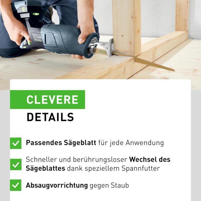 Festool – Akku-Säbelsäge RSC 18 EB-Basic inkl. Absaugvorrichtung + Säbelsägeblatt WOOD UNIVERSAL + Systainer SYS3 L 187