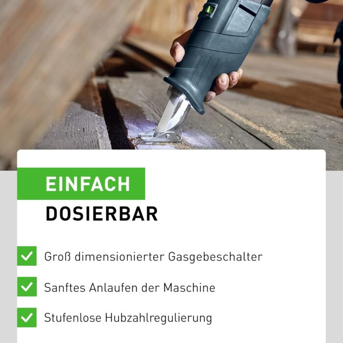 Festool – Akku-Säbelsäge RSC 18 EB-Basic inkl. Absaugvorrichtung + Säbelsägeblatt WOOD UNIVERSAL + Systainer SYS3 L 187