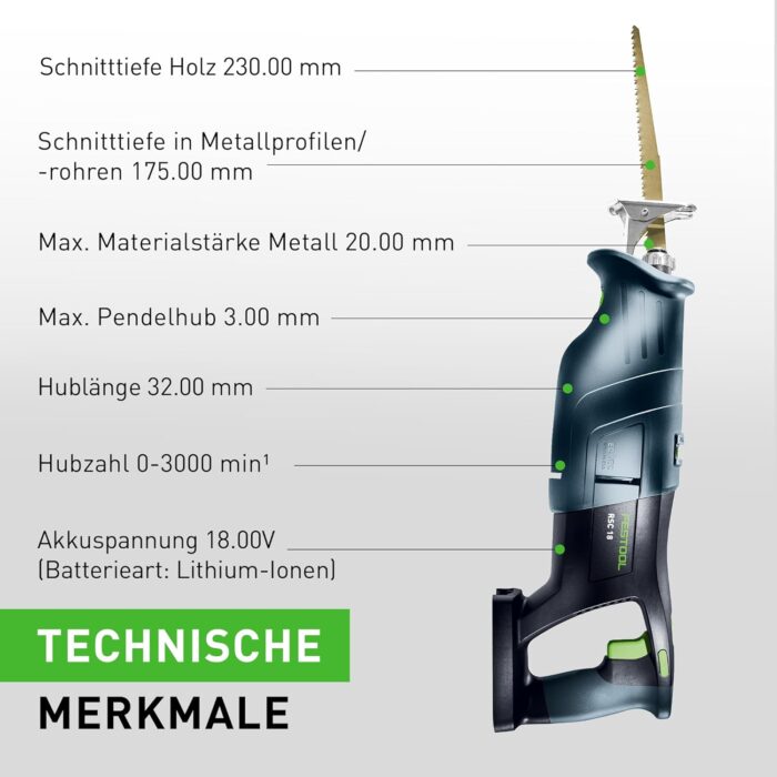 Festool – Akku-Säbelsäge RSC 18 EB-Basic inkl. Absaugvorrichtung + Säbelsägeblatt WOOD UNIVERSAL + Systainer SYS3 L 187